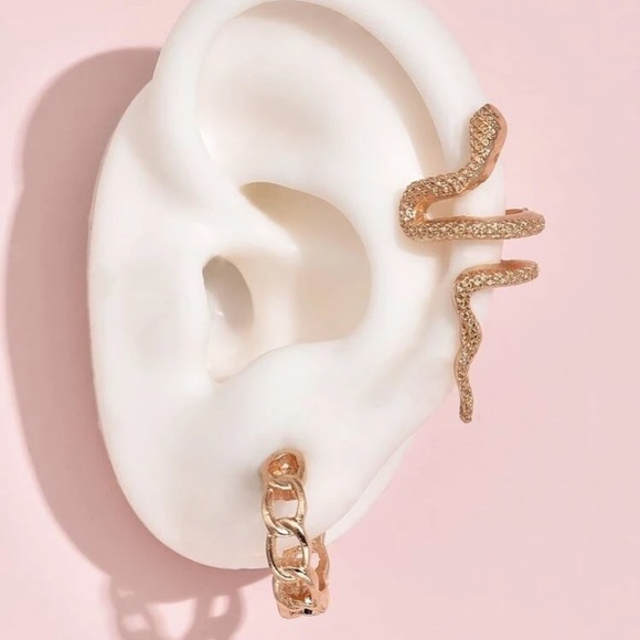 3 PIECE CHAIN LINK HOOP EARRINGS WITH SNAKE CUFF - Picture 4 of 5